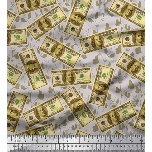 Soimoi Satin Silk Fabric Dollar Currency Note & Leaves Printed Fabric 1 Yard 42 Inch Wide