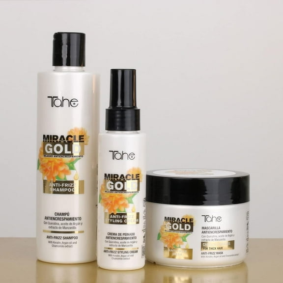 Tahe Miracle Gold Anti-frizz Kit - Shampoo 300ml   Mask 300ml   Styling Cream 100ml (For Thick Hair)