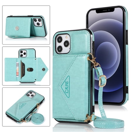 Dteck Case for Apple iPhone 12 Pro 6.1-inch,Luxury Leather Wallet iPhone 12 Case Magnetic Flip Card Holder Slots Back Protective Kickstand Phone Cover with Shoulder Strap (about 1.4m),Mint