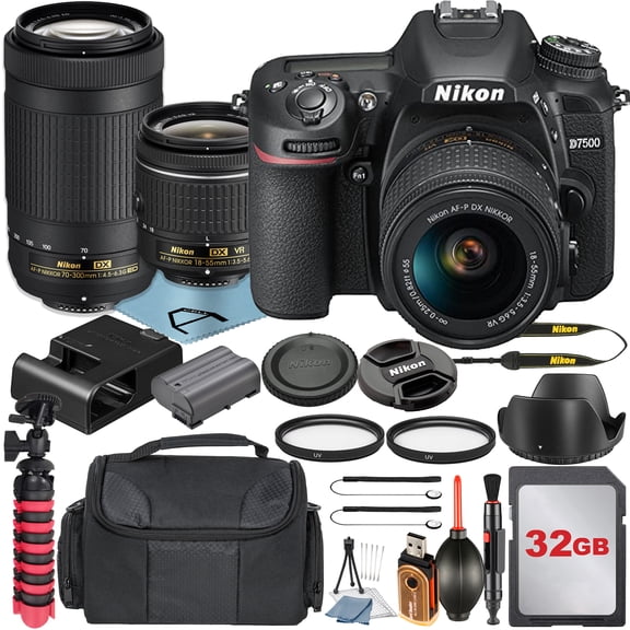 Nikon D7500 DSLR Camera with 18-55mm   70-300mm Lens   32GB Memory Card   Case   Tripod   UV Filter   A-Cell Accessory Bundle (International Version)
