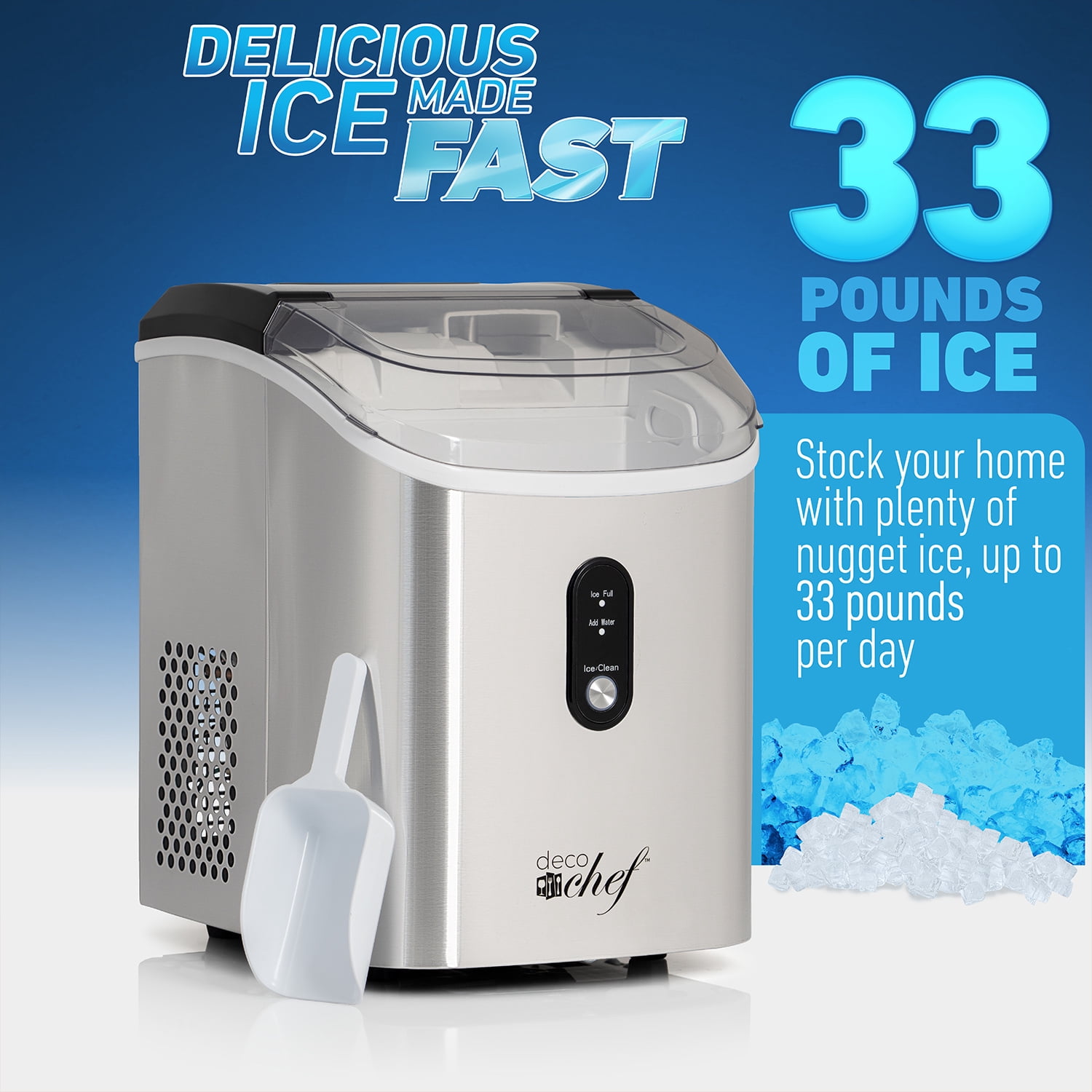 Open Box Deco Chef 33-LB Per Day Countertop Ice Maker, 1-Click Automatic Operation, Self-Cleaning, Chewable Soft Nugget Ice, Stainless Steel -