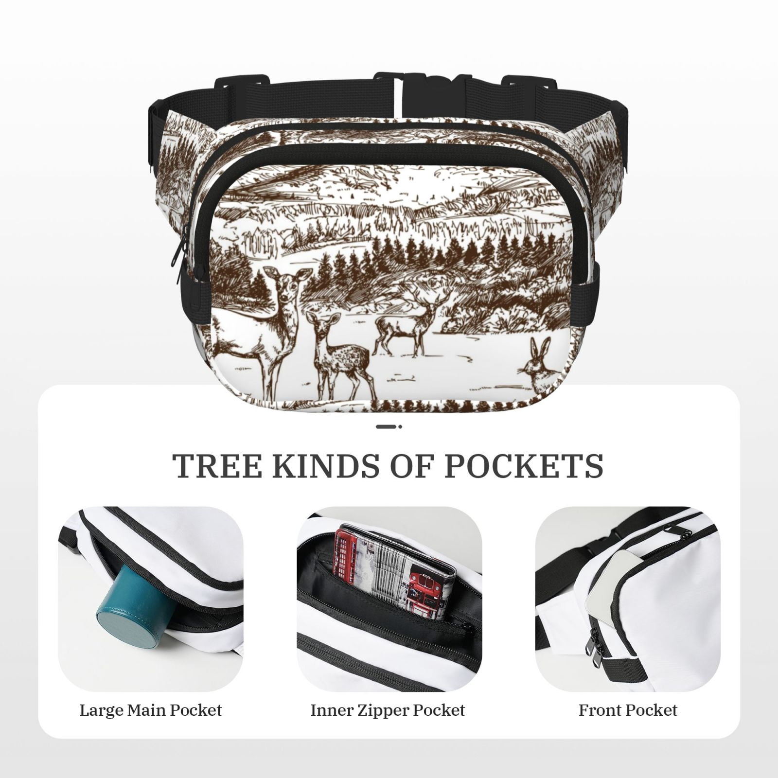 Hirioo Woodland Forest With Deers for Double Layer Waist Bag Adjustable Fanny Pack For Travel Running Hiking