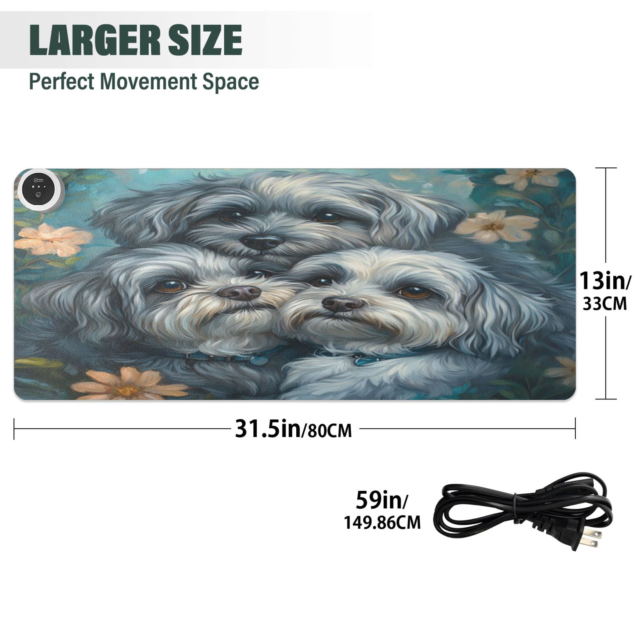 Wobogo Cute Gray Lhasa Apso Dogs Heated Mouse Pad Extra-Large Desk Mat With 3 Heating Levels and 3-hour Auto Shut-Off Protection Ideal for Computer Keyboards Home Office Hand-warming Essential 31.5in