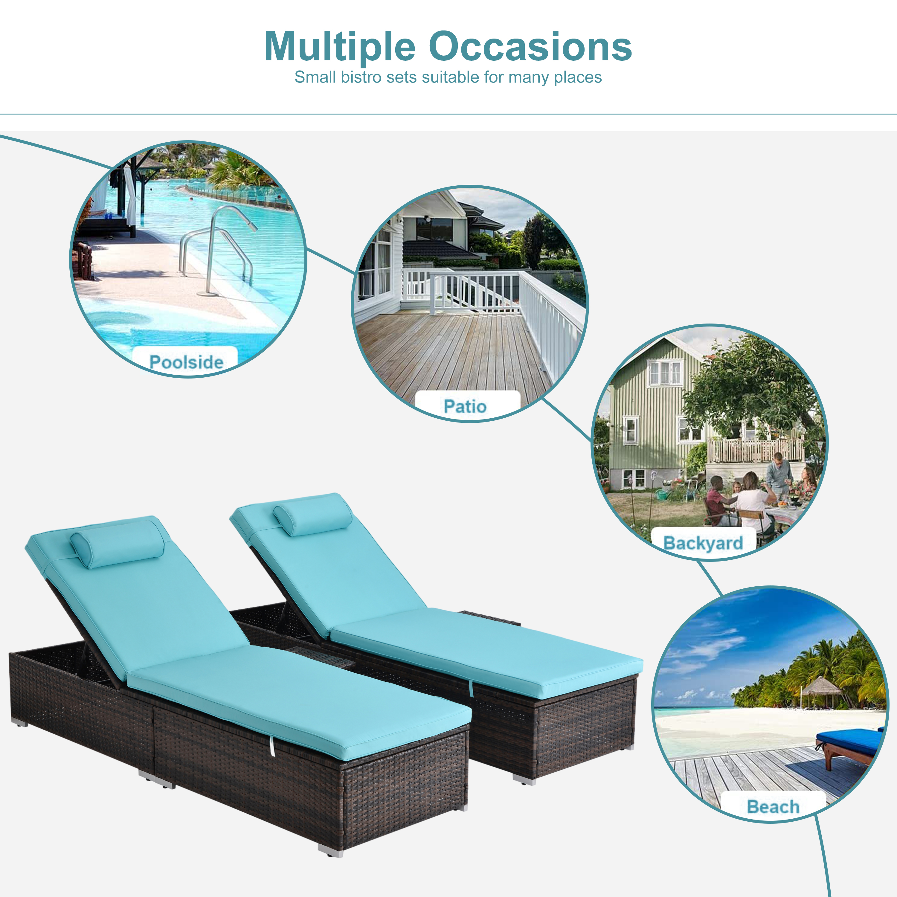 2 Pieces Outdoor Patio Lounge Furniture Set, Poolside Reclining PE Rattan Chaise Recliners with Side Table, Tempered Glass Top Coffee Table, Brown PE Wicker and Blue Cushions, SS2341 - image 3 of 8