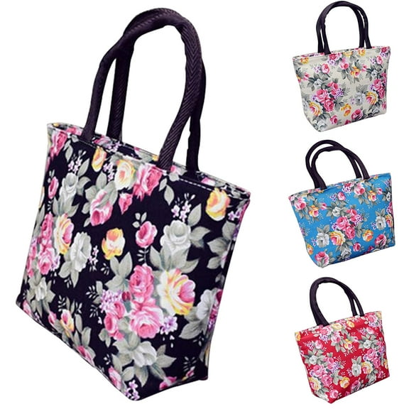 Limei Women Canvas Rose Flower Printed Big Capacity Shopping Pouch Handbag Tote Shoulder Bag