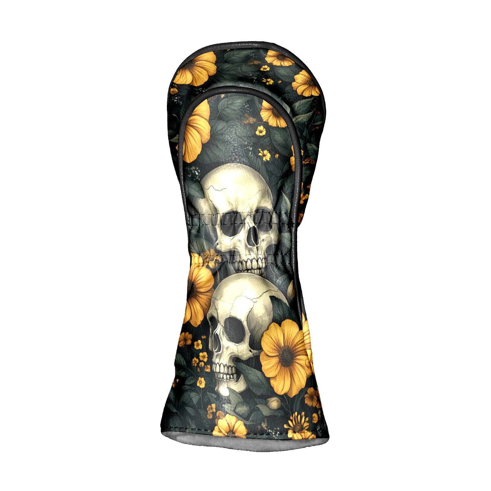 Golf Club Covers PU Leather Waterproof Head Covers for Fairway Woods Hybrids Yellow Flowers And Skulls