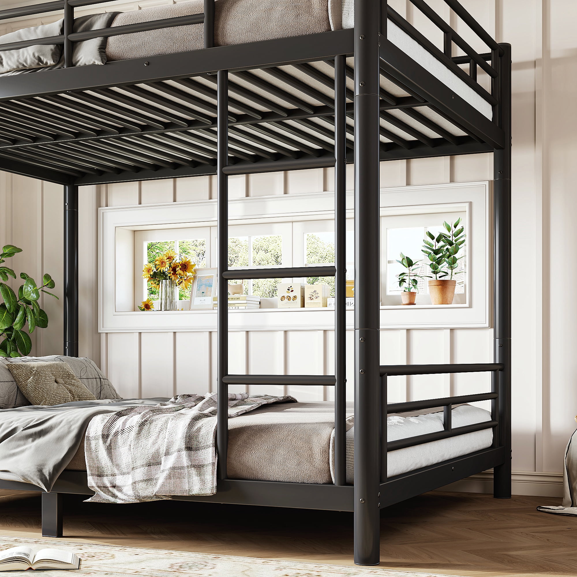 Full Metal Bunk Bed Converts to 2 Beds, Space-Saving Convertible Bed Frame for Teens Adults, No Box Spring, Black