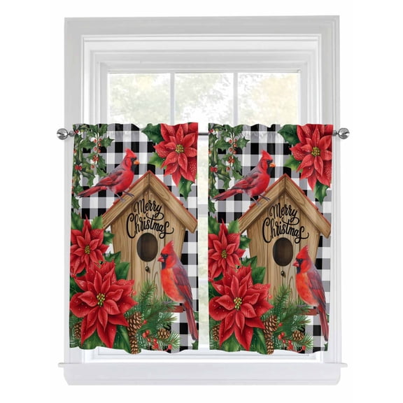 Christmas Bathroom Window Curtain, Red Cardinal Bird Poinsettia Pine Needles Plaid Light Filtering Coffee Kitchen Curtains, Bedroom Living Room Curtains 2 Panel 84"x45"