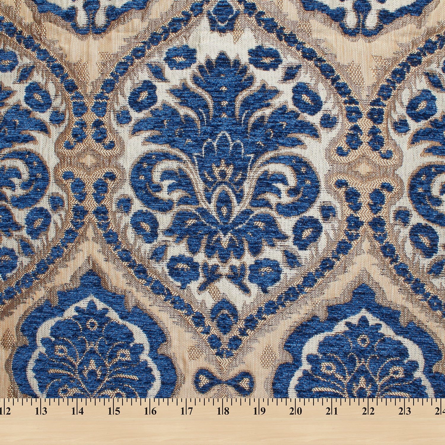 Baroque Floral Two Tone Chenille 57" Heavyweight Upholstery Jacquard Polyester Fabric By The Yard (Beige / Royal Blue, 1 Yard)