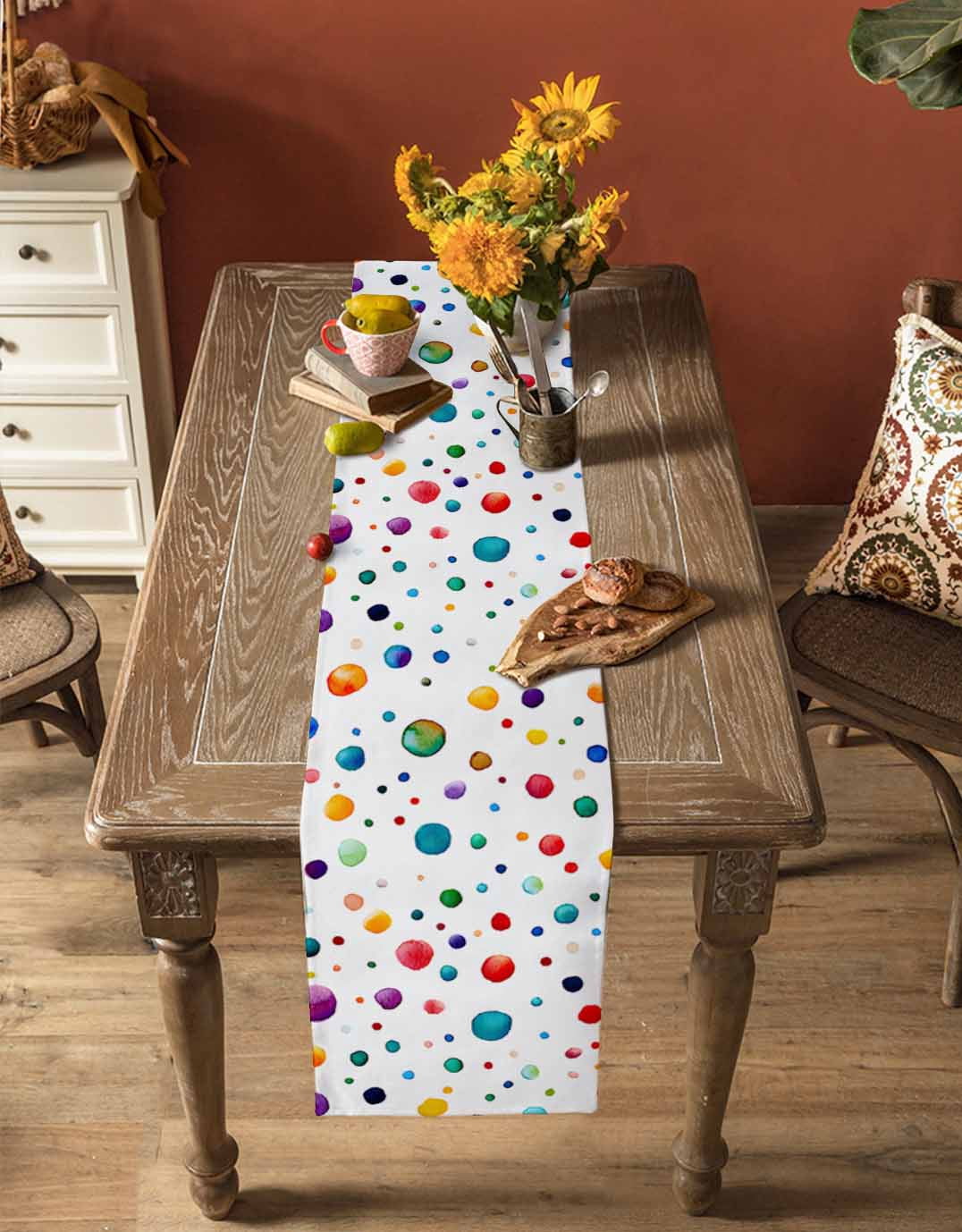 Colorful Polka Dot Table Runner Rainbow Color Polka Dots Abstract Art Tablerunners 18 x 72 Inch, Table Decorations Tabletop Scarf for Summer Gathering Holiday Farmhouse Kitchen Dining Decor