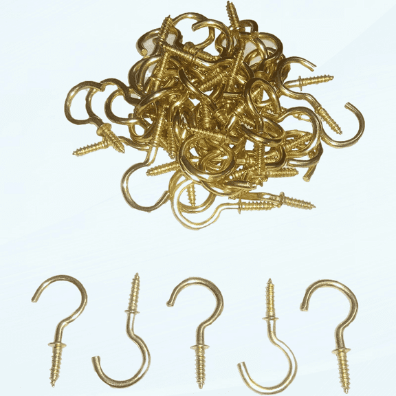 Handicraft Hooks for Hanging, 1.5 inch Metal Screw in Ceiling Hooks Heavy Duty Brass Plated Hooks Holders for Outdoor Indoor,Gold ( Qty : 50)