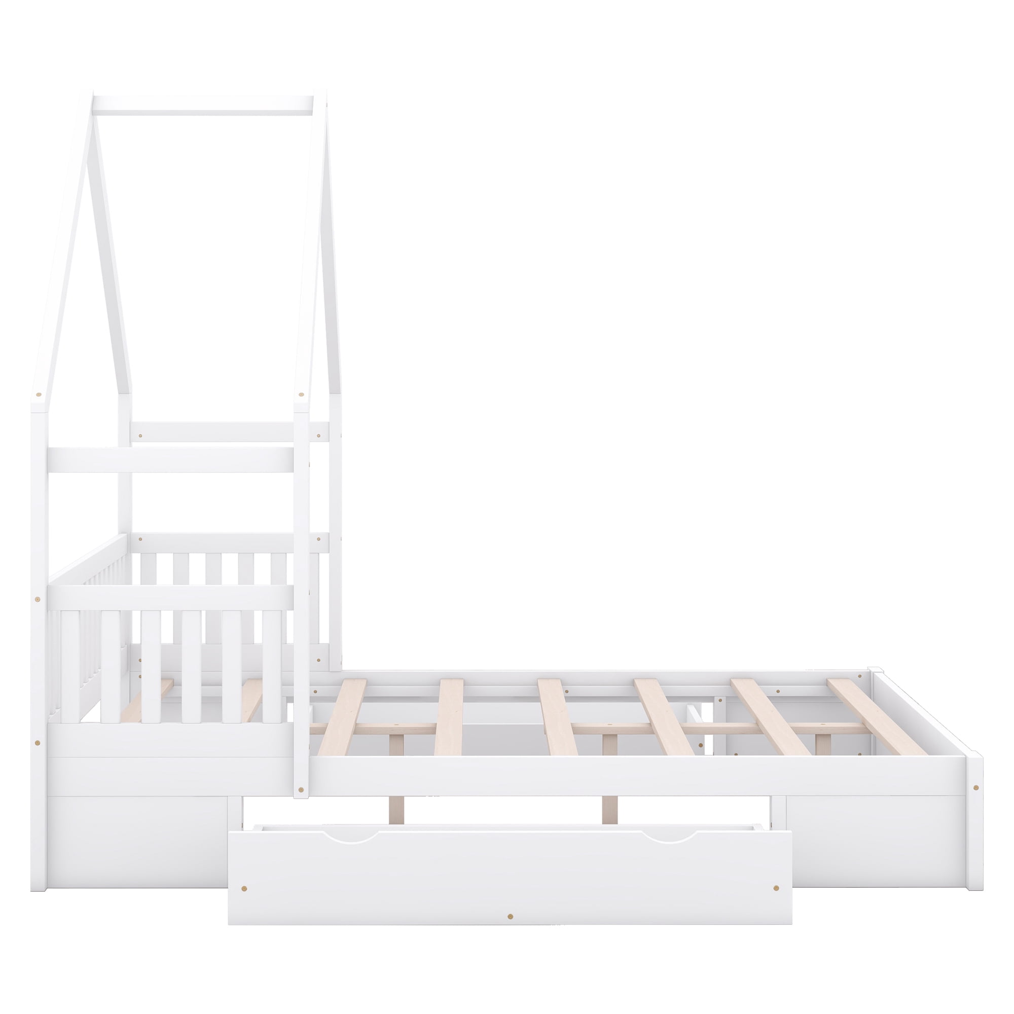Sailvan Queen Wood House Platform Bed with Guardrail and 2 Storage Drawers White