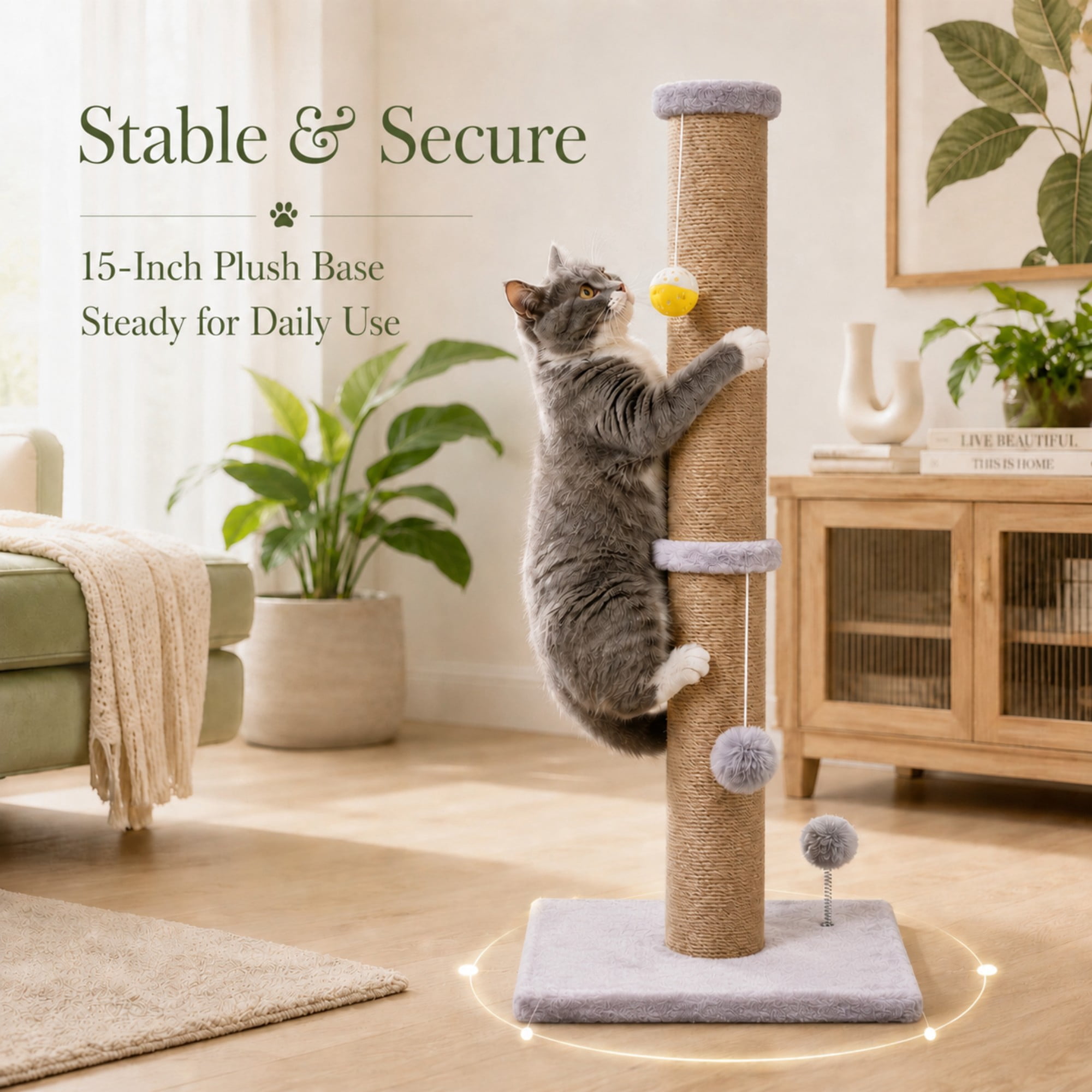 PELUOMOZ Cat Scratching Post 36 in Natural Sisal Rope Scratch Tower with 3.6 in Post and Interactive Toy Gray