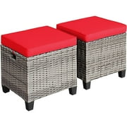 Tangkula 2 Pieces Patio Rattan Ottomans, Outdoor Wicker Footstool Footrest Seat with Soft Cushions and Steel Frame, All-Weather Patio Ottoman Set for Backyard Garden Poolside (Red)