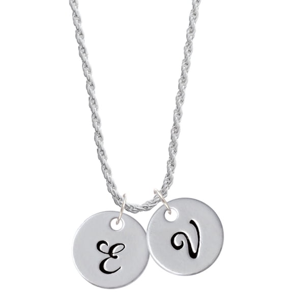 Delight Jewelry Silvertone Large Script Letter - E - 3/4'' Disc - Silvertone Script Initial Disc - V - Charm Necklace, 20" 3"