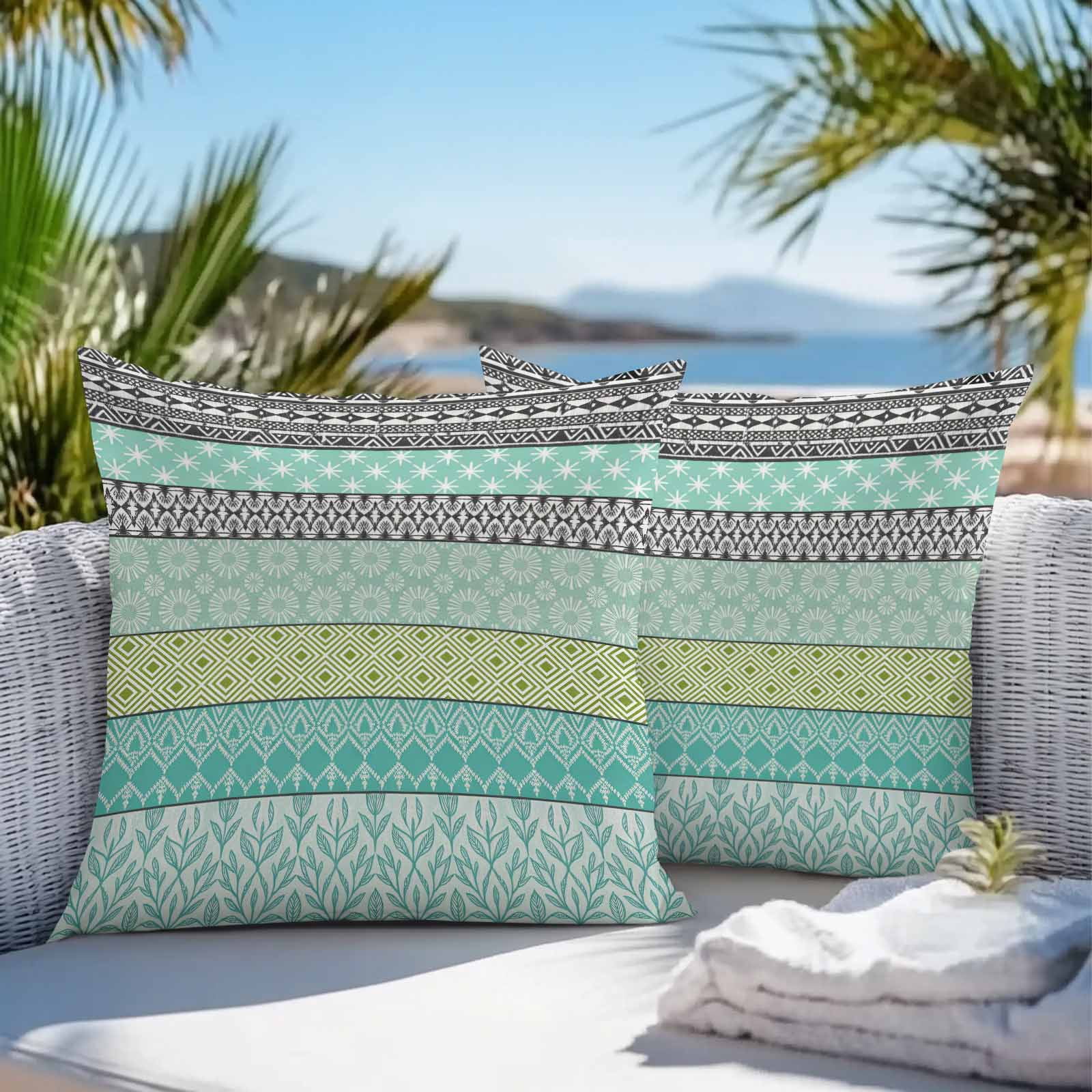 Outdoor Waterproof Throw Pillow Covers Set of 2 Teal Bohemian Decorative Pillowcases Square Pillows Cushion Case 16x16 Inch Boho Style Floral Leaves Geometric Patio Pillows for Couch Sofa Bed