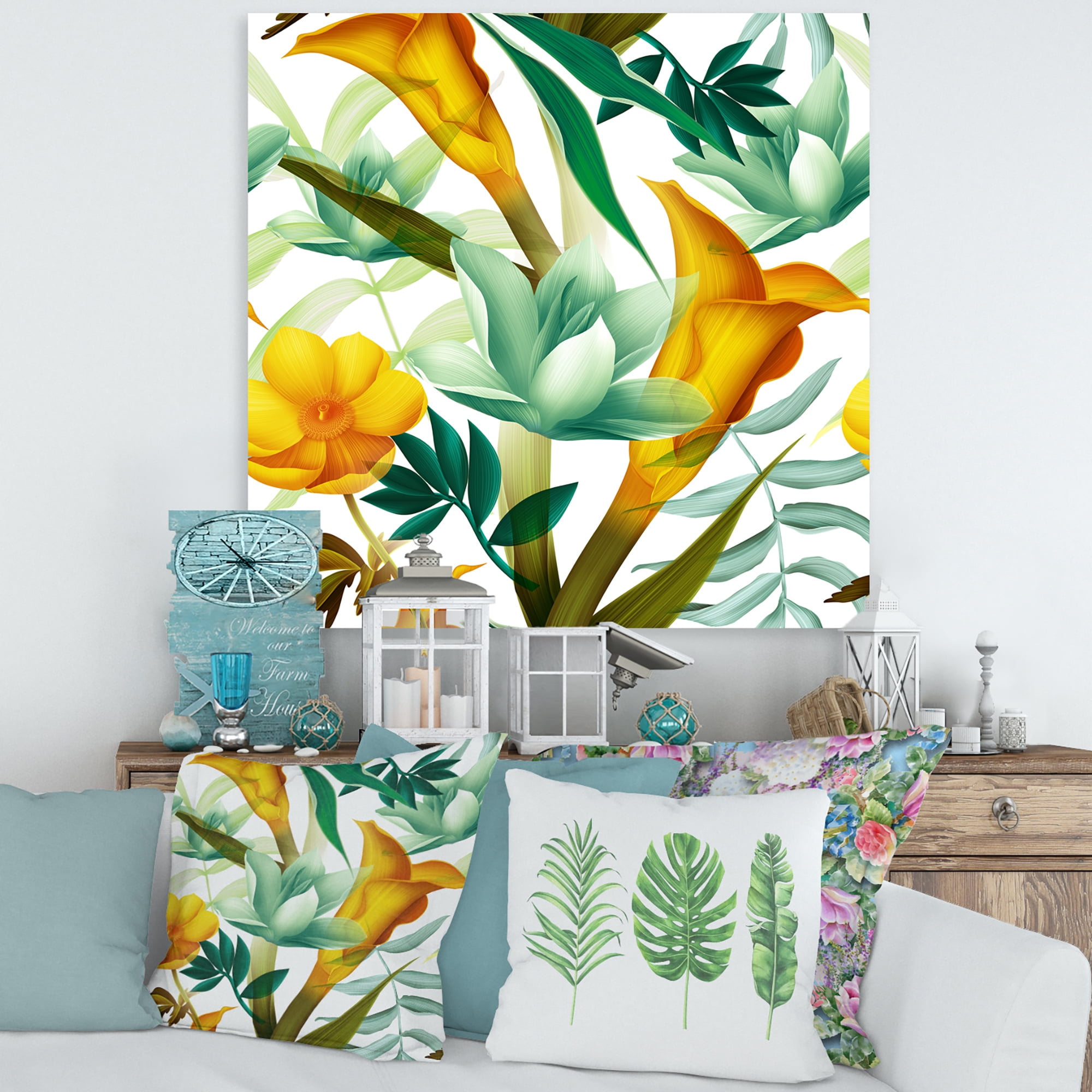 Designart ' Yellow Flowers and Tropical Foliage III ' Modern Canvas Wall Art Print