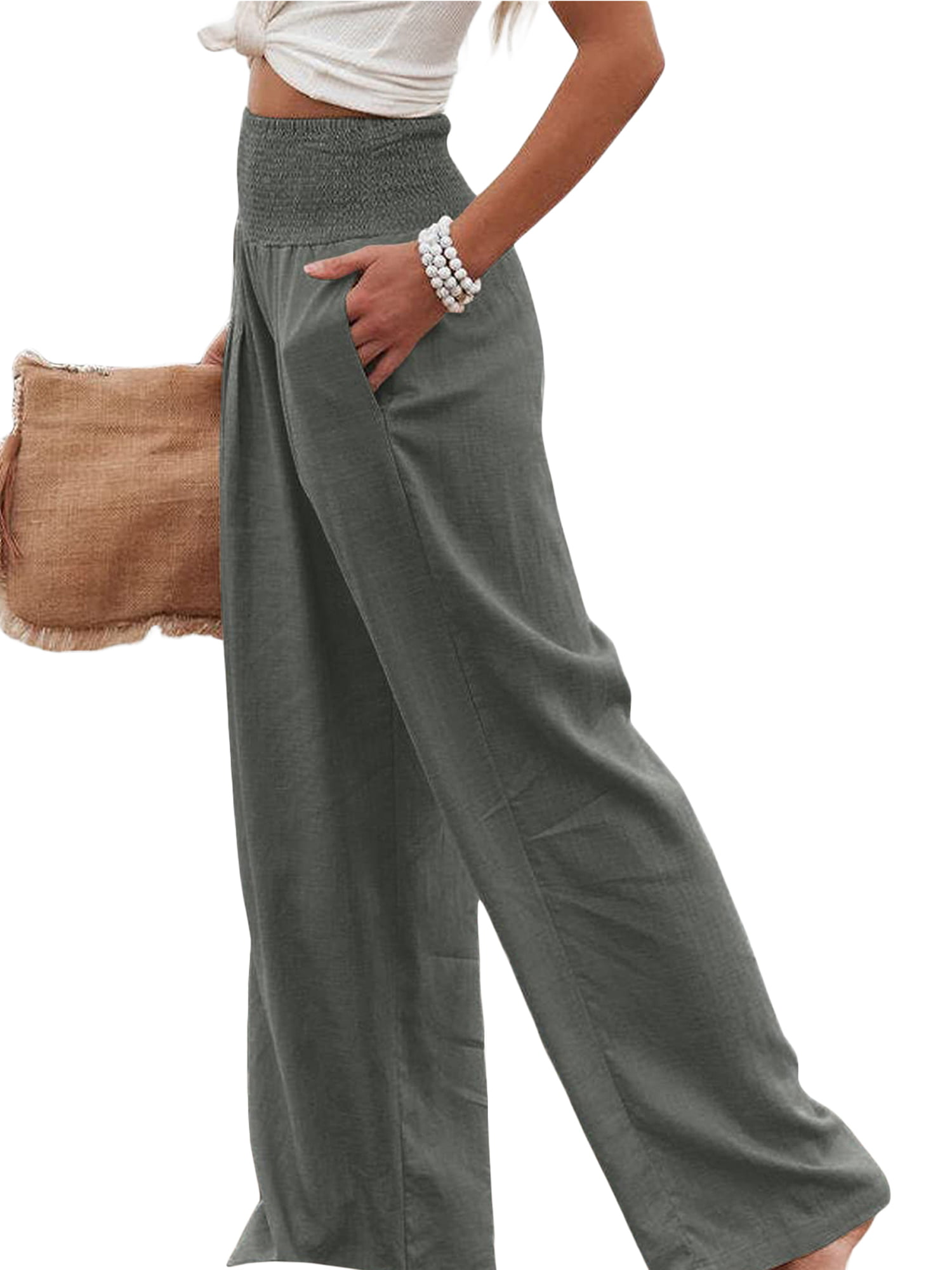 GLIENST Women's Cotton Linen Pants Elastic High Waist Wide Leg  Palazzo Lounge Smocked Casual Trousers with Pocketed One Piece Bottom Grey  XL : Clothing, Shoes & Jewelry
