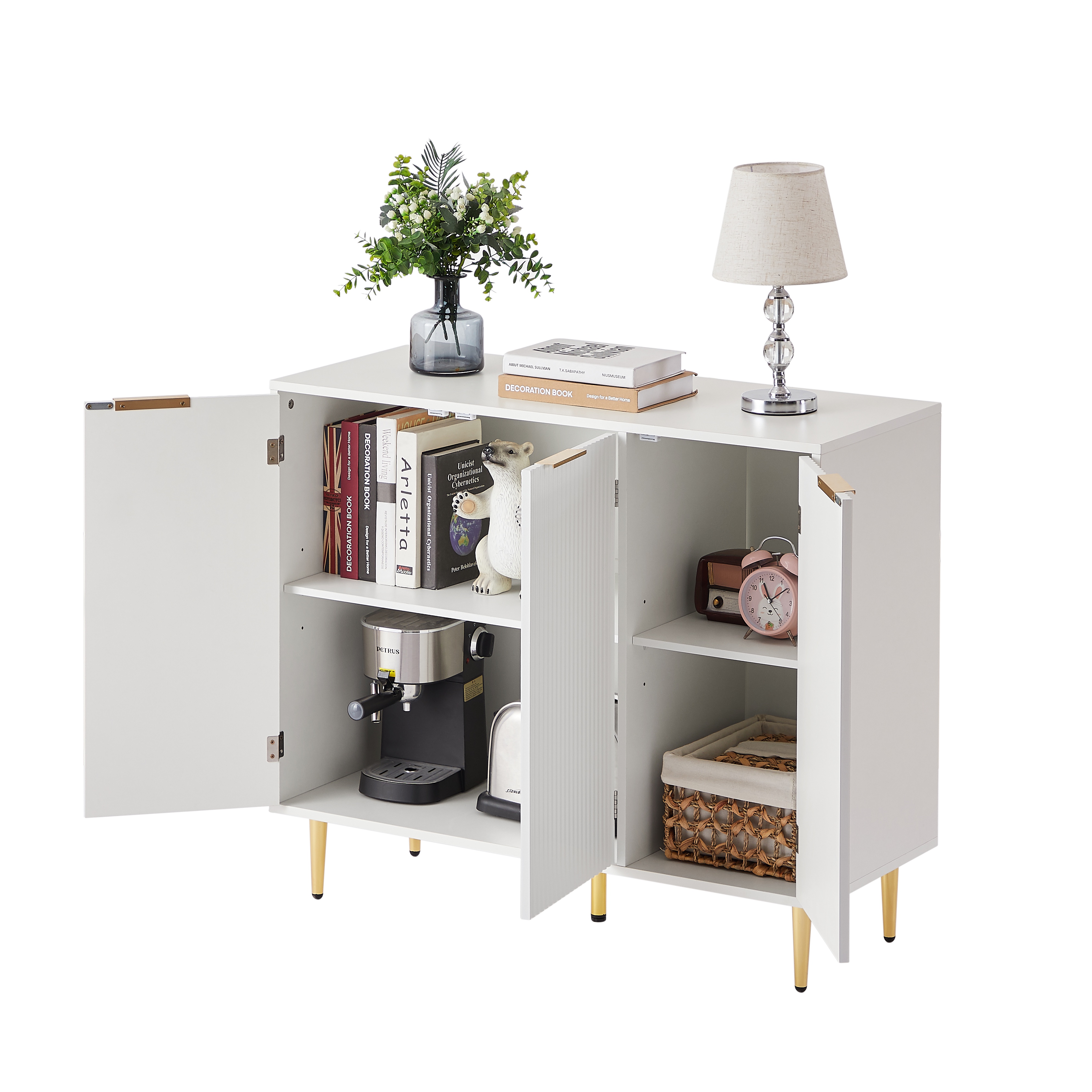 PORKISS Storage Cabinet, Wooden Sideboard Cabinet with 3 Doors, Modern Buffet Cabinet with 6 Compartments, Freestanding Small Storage Cabinet for Living Room, Dining Room, Bedrooom, and Hall, White