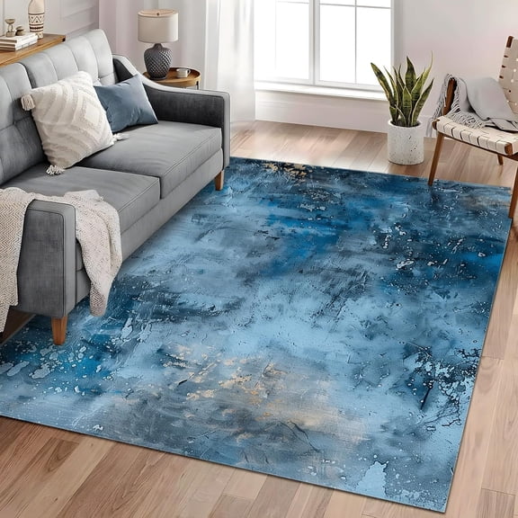 Abstract Blue Oil Painting Area Rugs, Modern Artistic Carpet, Washable Non Slip Low Pile Soft Rug for Living Room Bedroom Office Home Decor Mat 2x3ft