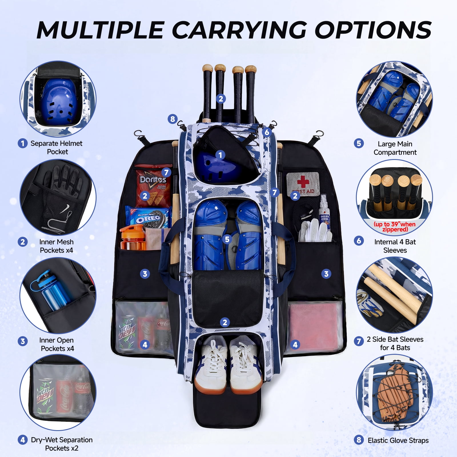 Fegat Rolling Baseball Bag, 100L Large Catcher Gear Bag Softball Bags with Wheels, Youth Equipment Bag Holds 8 Bats, Full Set, with Fence Hooks, Reflective Strip, Shoe Compartment