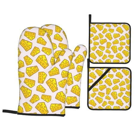 

Oven Mitts and Pot Holders Sets 4 pcs Cheese Non-Slip Oven Gloves Potholders Soft Quilted Lining Heat Resistant Gloves Hot Pads for Kitchen Cooking Baking