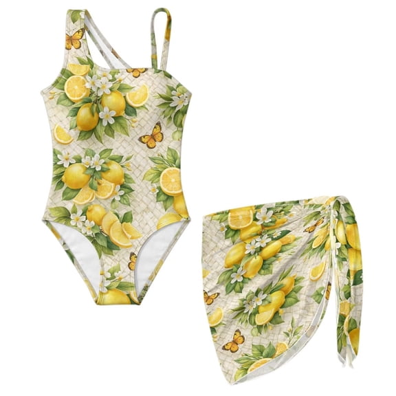 SEANATIVE 7-8 Years Girls One Piece Swimsuit One-Piece Bathing Suit with Mesh Skirt Cover Up Cut Out Stretchy Swimwear for Kids Children Teens, Butterfly Lemon Flower