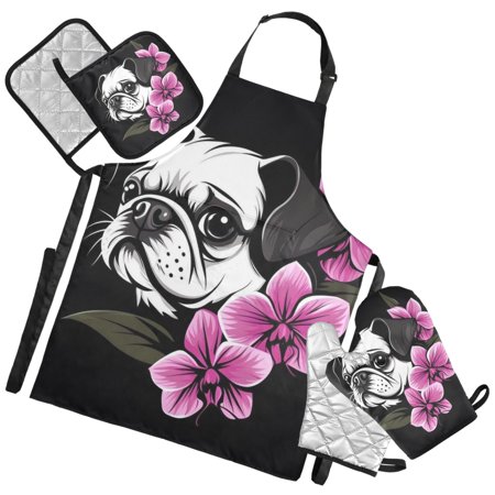 Ryvnso A Pug Dog Kitchen Apron Oven Mitts Set Pot Holders