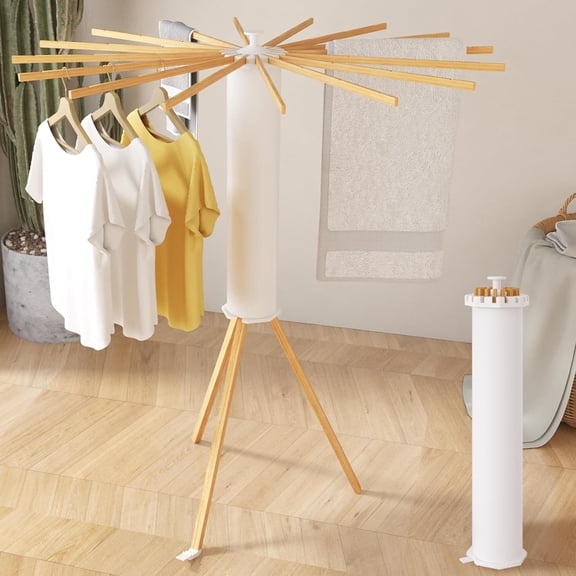 Foldable Tripod Clothes Drying Rack - Space Saving Design with 16 Expandable Drying Rods, Wooden Octopus Clothing Stand for Home, Balcony and Bedroom Use