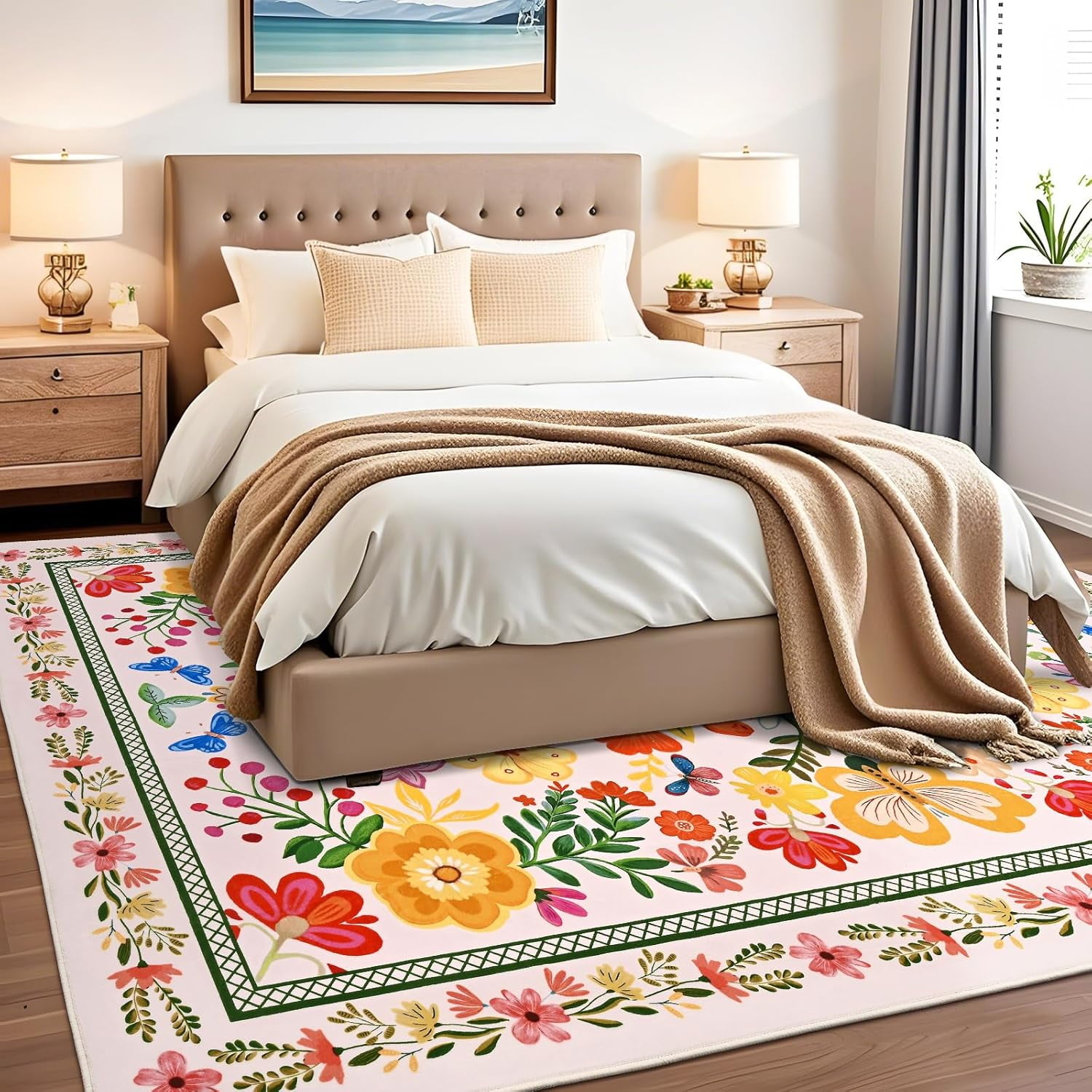 Bleum Cade 8'x10' Area Rugs for Living Room, Washable Rugs Modern Rugs for Bedroom Dinning Room,Boho Floral Rug Ultra Soft Non Slip Durable Large Carpet Home Decor,Beige