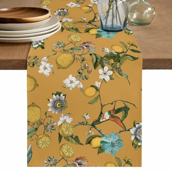Table Runner 36 Inches Long for Kitchen Dining, Yellow Botanical Dresser Scarf Farmhouse, Dining Table Decorations for Wedding/Parties, Spring Floral Summer Lemon Birds 13 x 36 In