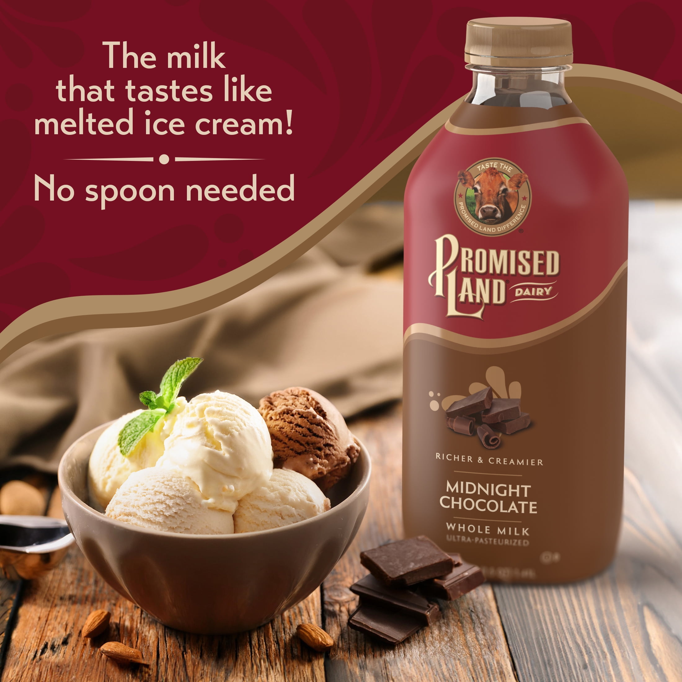 Promised Land Whole Milk Ultra-Pasteurized, Midnight Chocolate, 12 fl oz