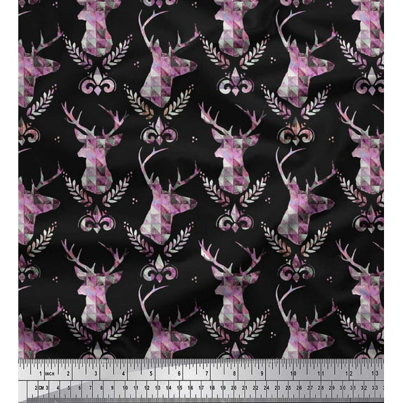 Soimoi Poly Georgette Fabric Leaves,Damask & Reindeer Face Animal Print Fabric by The Yard 52 Inch Wide
