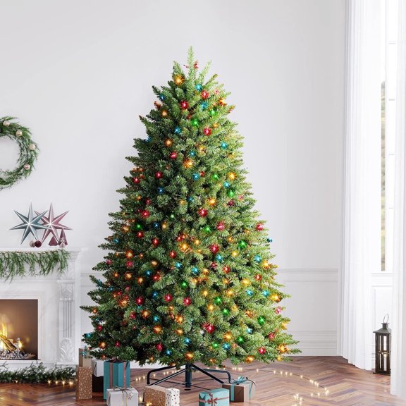 OasisCraft Pre-Lit Multi-Color Christmas Tree, Premium Hinged Blue Spruce Artificial Christmas Tree, 7.5ft Full Xmas Tree with 800 Color Lights