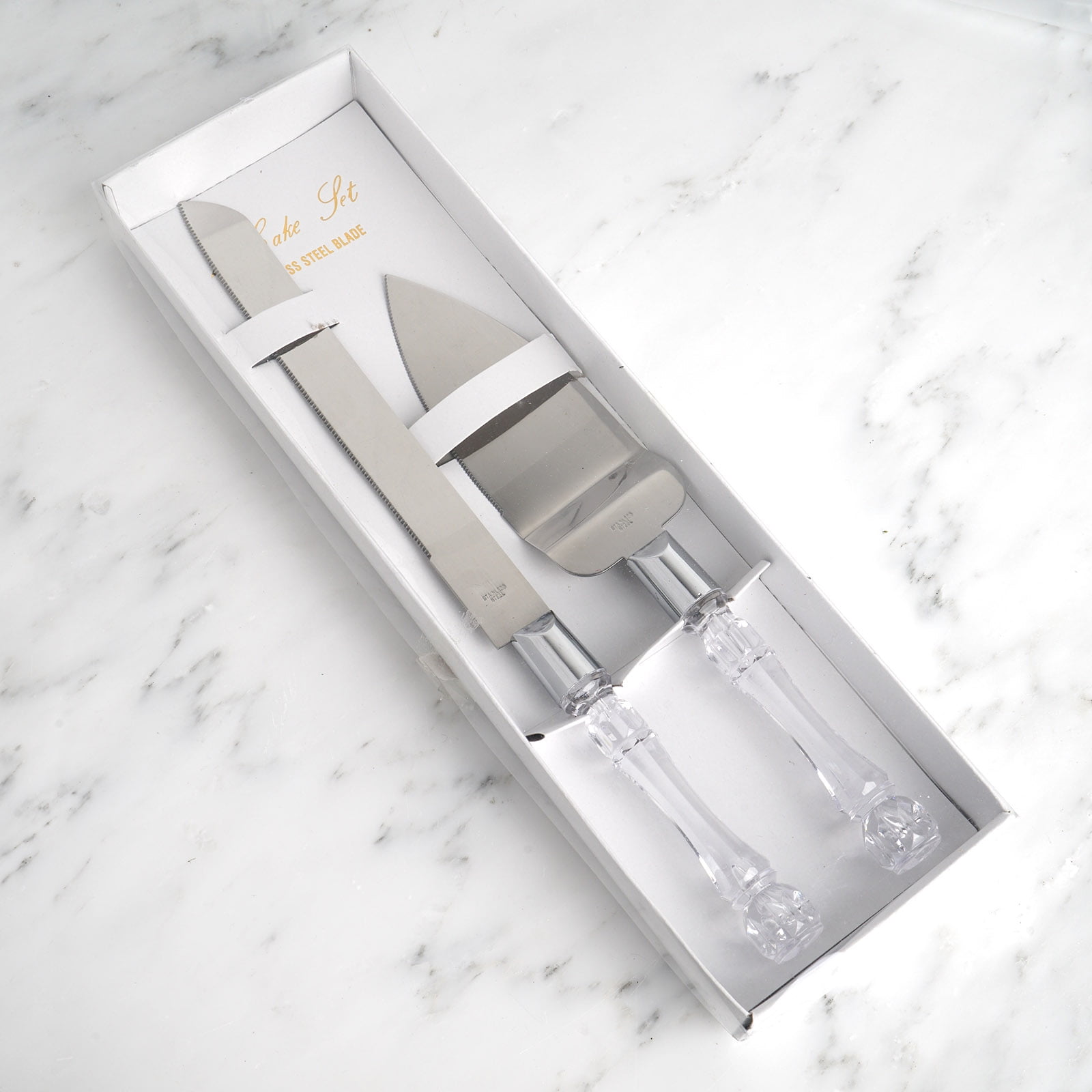 BalsaCircle Silver Clear Cake Knife Server Set Crystal Handles Wedding Party Tableware