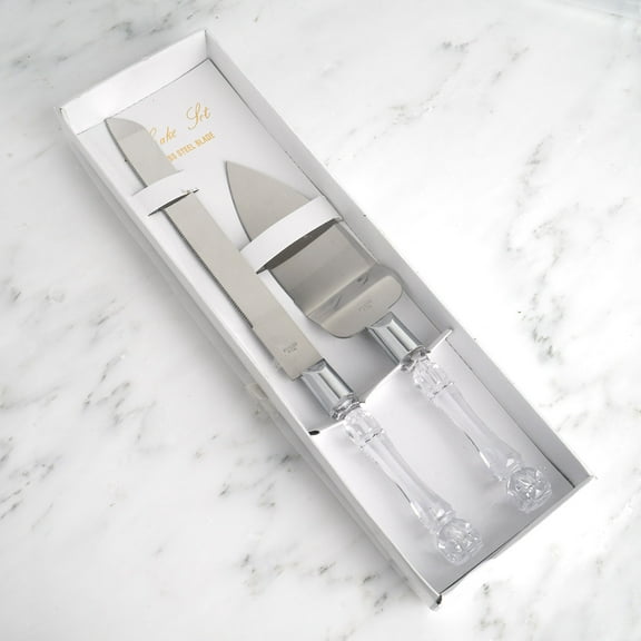 Balsa Circle Silver Clear Cake Knife Server Set Crystal Handles Wedding Party Tableware