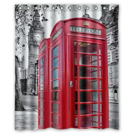 GreenDecor Red Telephone Booth Best Of London Waterproof Shower Curtain Set with Hooks Bathroom Accessories Size 60x72