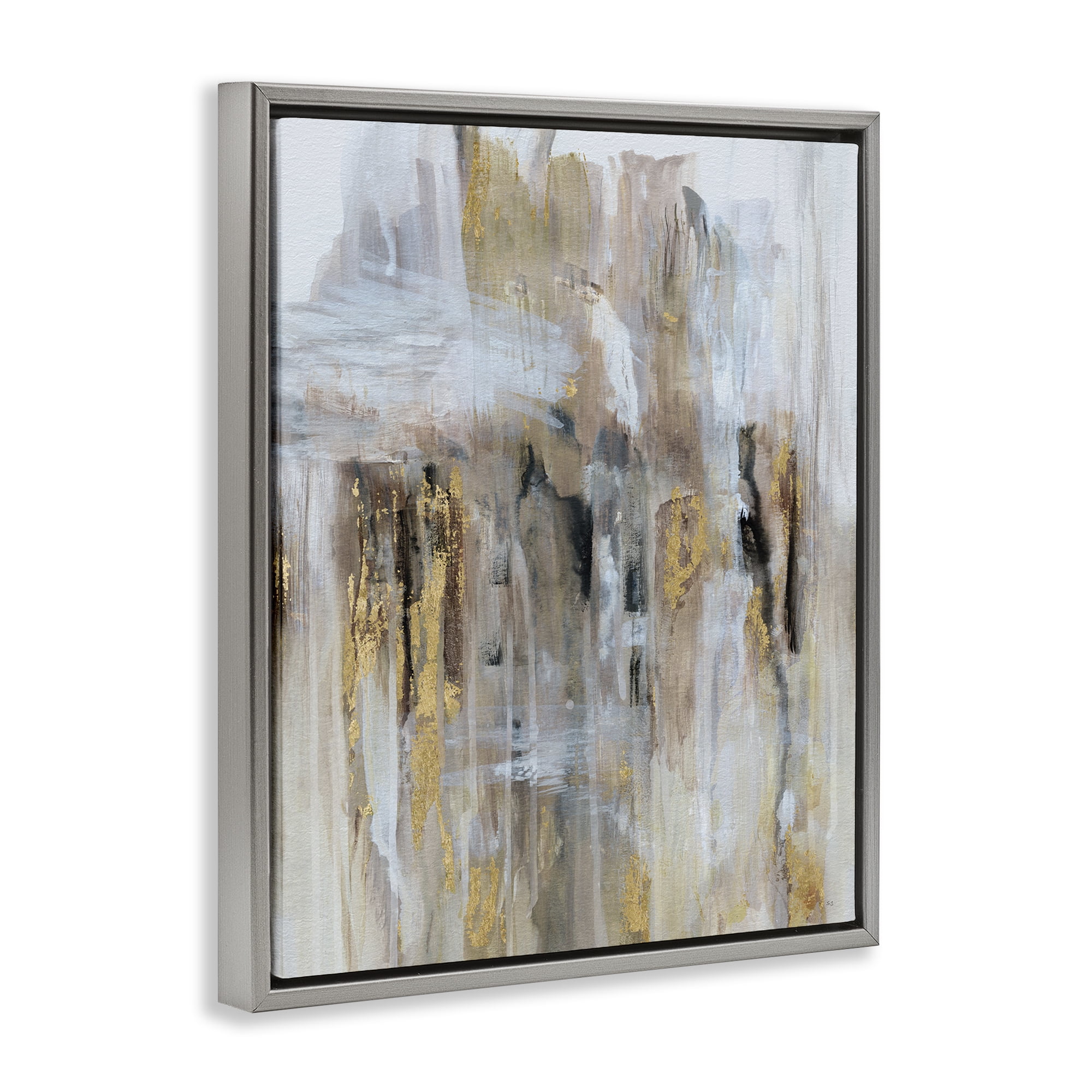 Stupell Industries Abstract Paint with Glam Accents Abstract Painting Gray Floater Framed Canvas Art Print Wall Art, 17 x 21