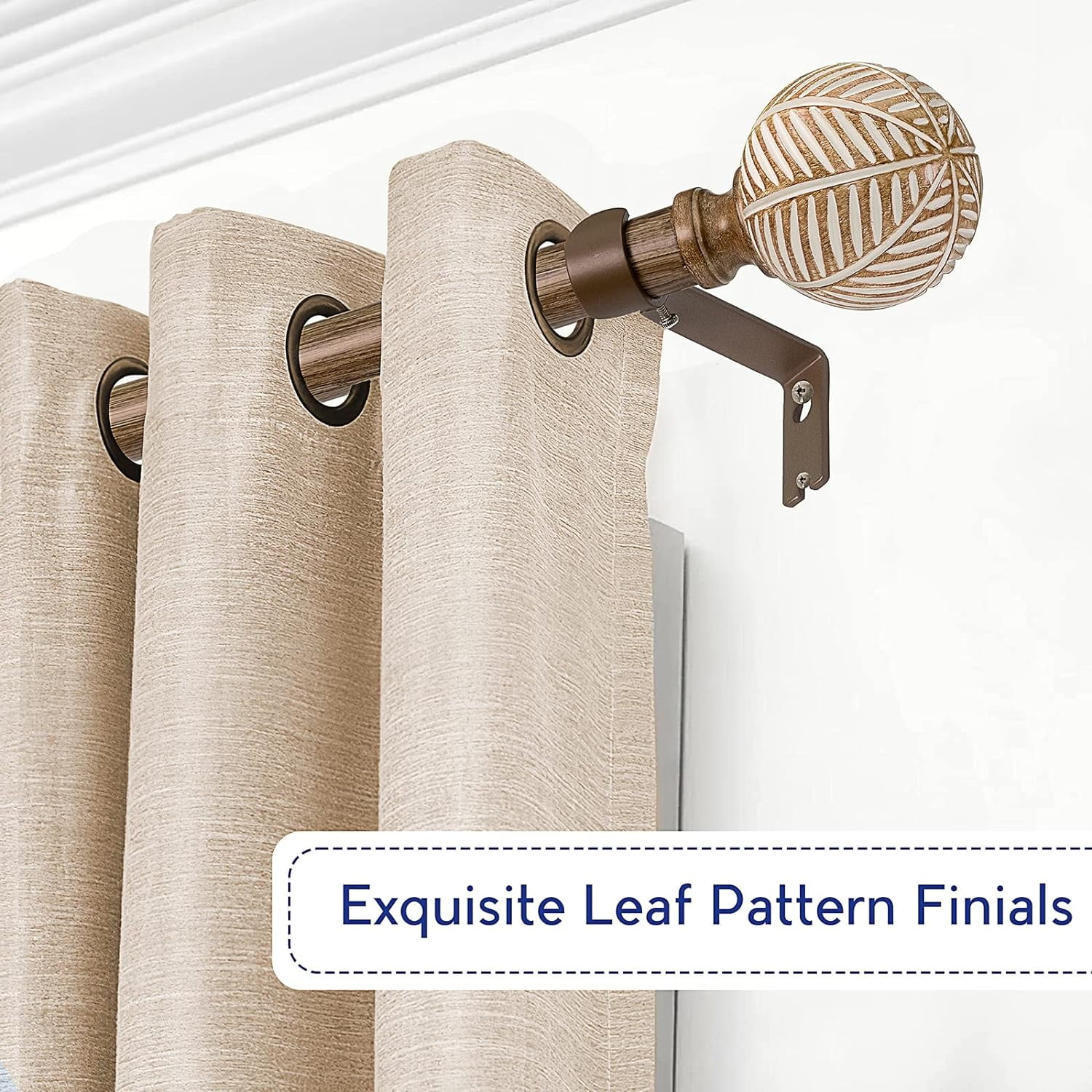 Unconsil 1" Imitation Wood Grain Leaf Pattern Finials Adjustable Single Curtain Rods, 48"-86"