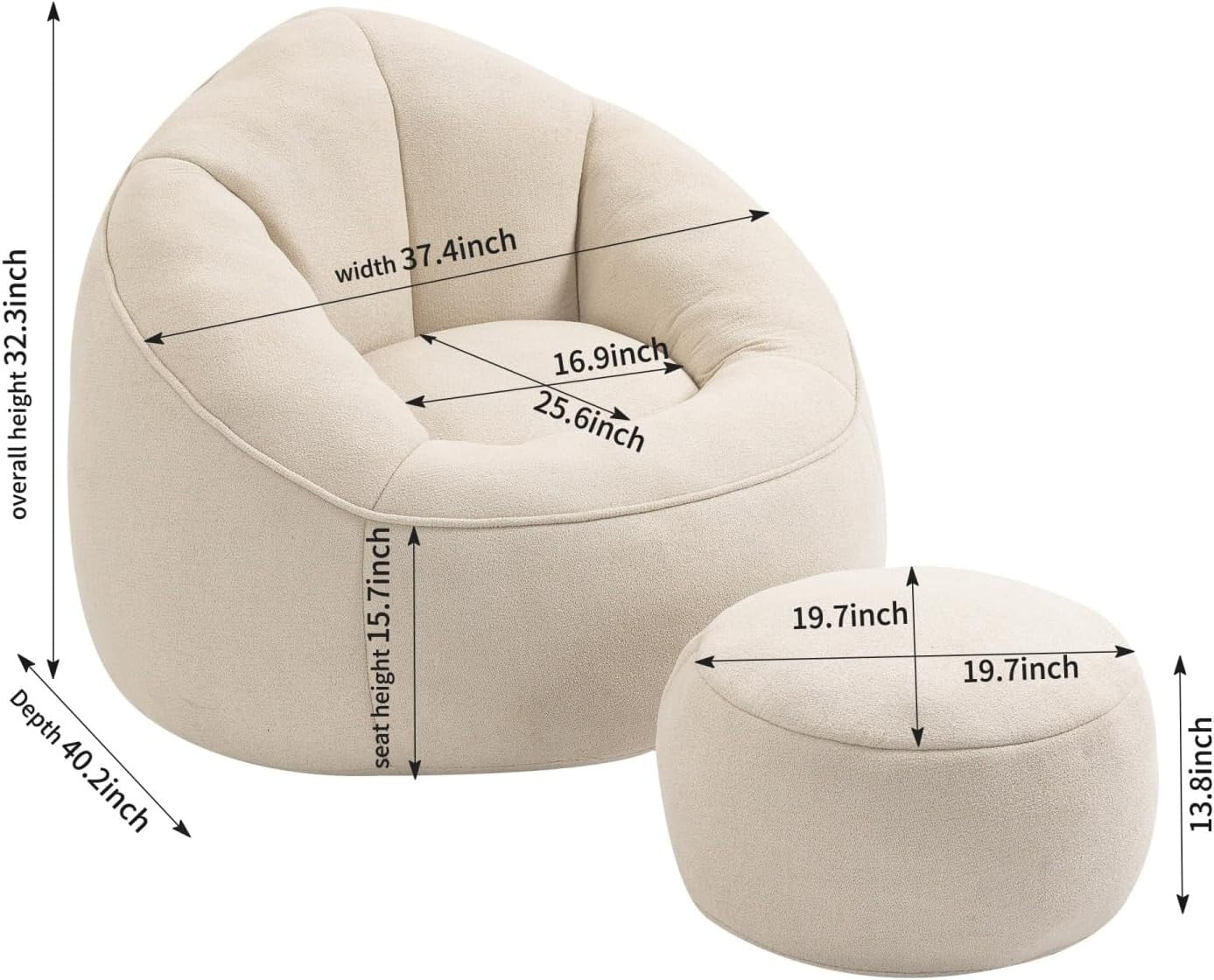 Bean Bag Chair for Adult,Microfiber Upholstered Sofa with Footstool Shell-Shaped Memory Foam Stuffed Lazy Sofa
