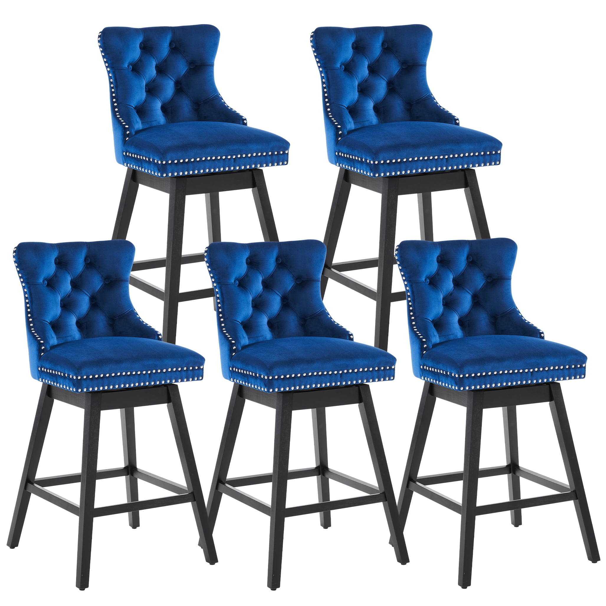 Tewloss 30" Swivel Bar Stools Set of 5 With Back Velvet Bar Height Chairs for Home Kitchen, Blue