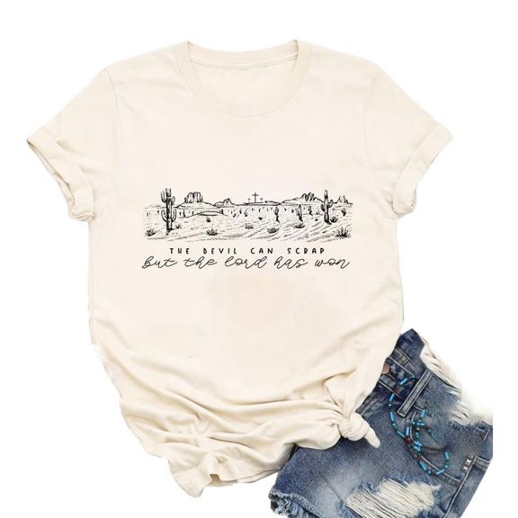 XIAOCHA Women's Graphic T Shirt Short Sleeve Desert Landscape Print Tee Soft Casual Faith Based Top