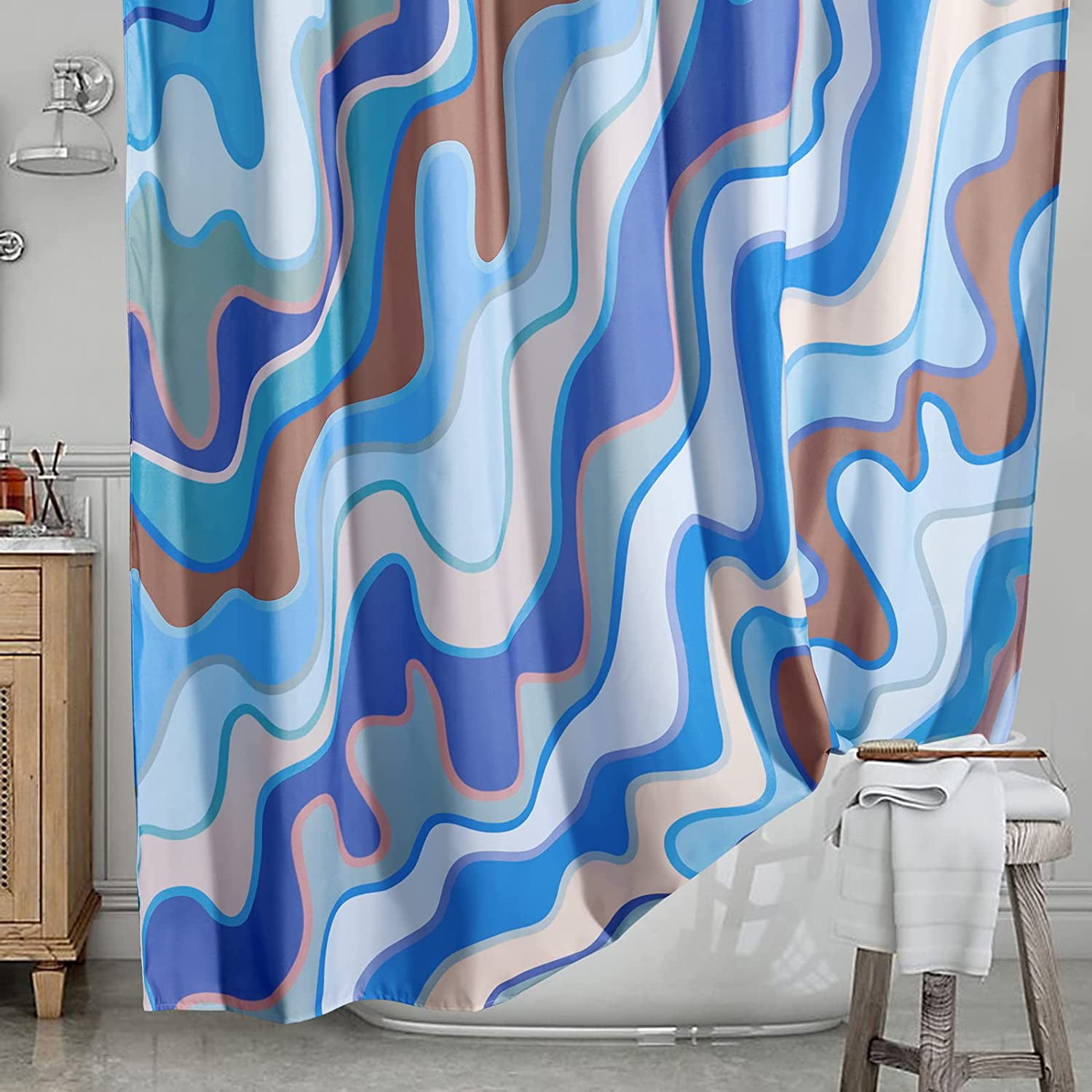 Vintage Abstract Art Fabric Shower Curtain Pastel Rainbow Blue Colorful