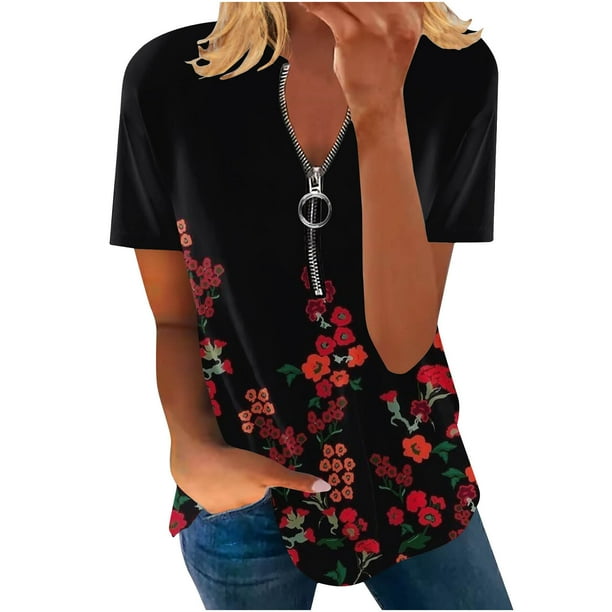 Blusa informal con cuello en V y manga corta con estampado de verano para mujer con estilo OAVQHLG3B Store lin121212