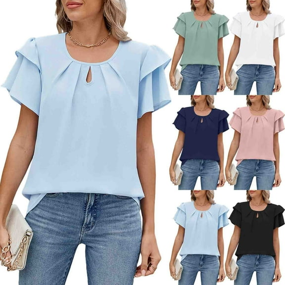 Stylish Olyvenn Women's Spring and Summer Ruffled Tops Puff Sleeve Fashion Loose Solid Color Keyhole Neck Short Sleeve Chiffon Shirt Black 4-6