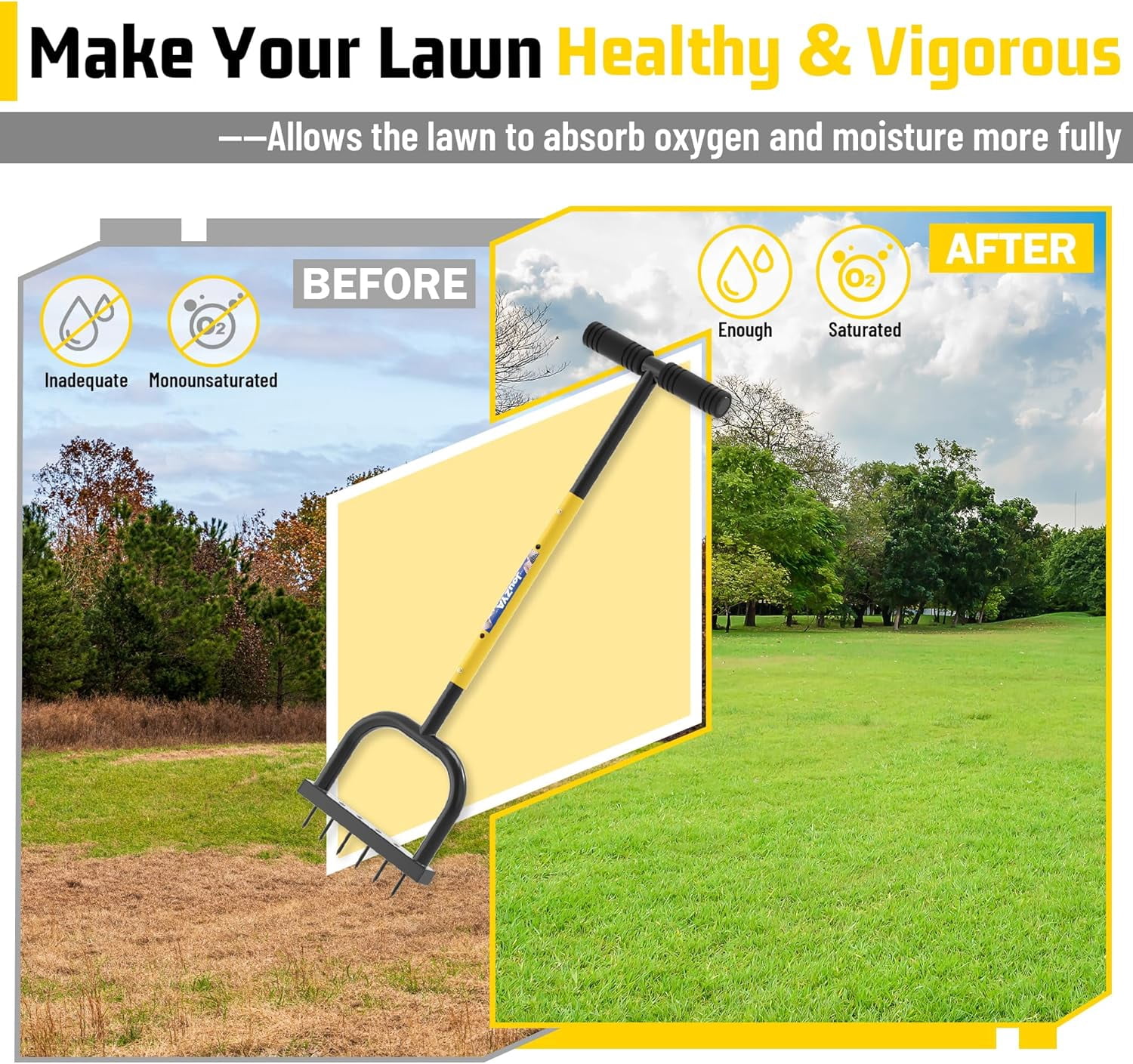 JouZYA 6 mm Spike Manual Yard Weeder, Adjustable, 38”, with Wide Foot Pedal, for Lawn Care