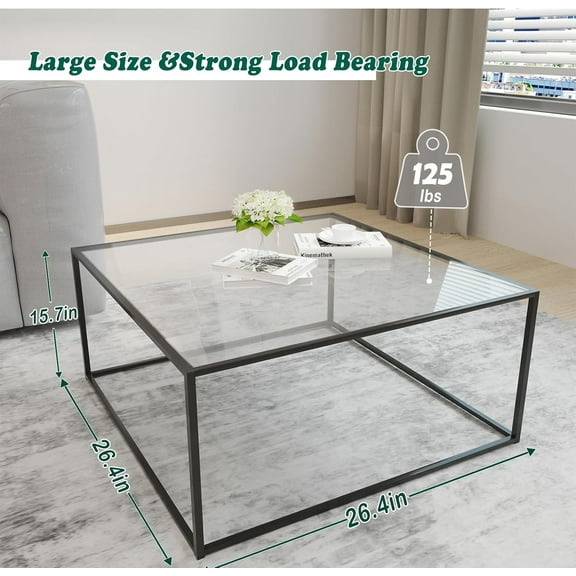 Modern Glass Coffee Table with Black Metal Frame, 26.4 x 26.4 x 15. Inches, Easy Assembly,  & Minimalist Design