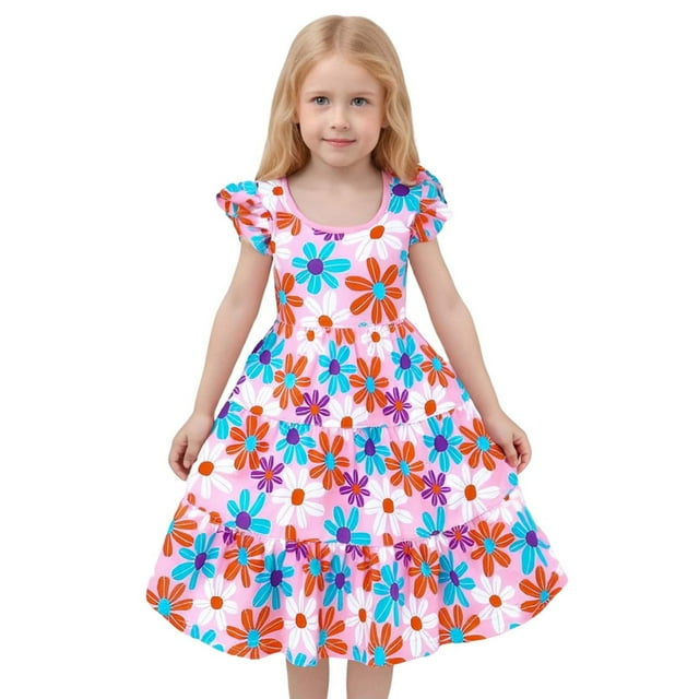 Robes de Printemps pour Adolescentes Robe Évasée à Volants Manches Colorées Robe d'Anniversaire pour Filles
