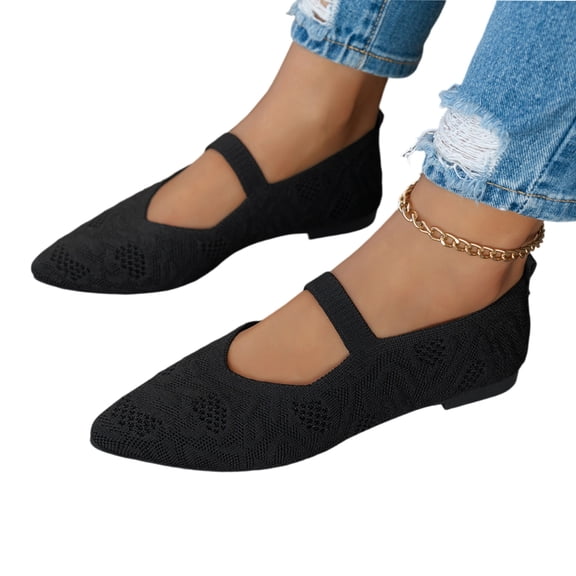 Women's Mesh Flats Mary Jane Shoes Pointed Toe Lightweight with Adjustable Instep Strap Knit Flat Shoes