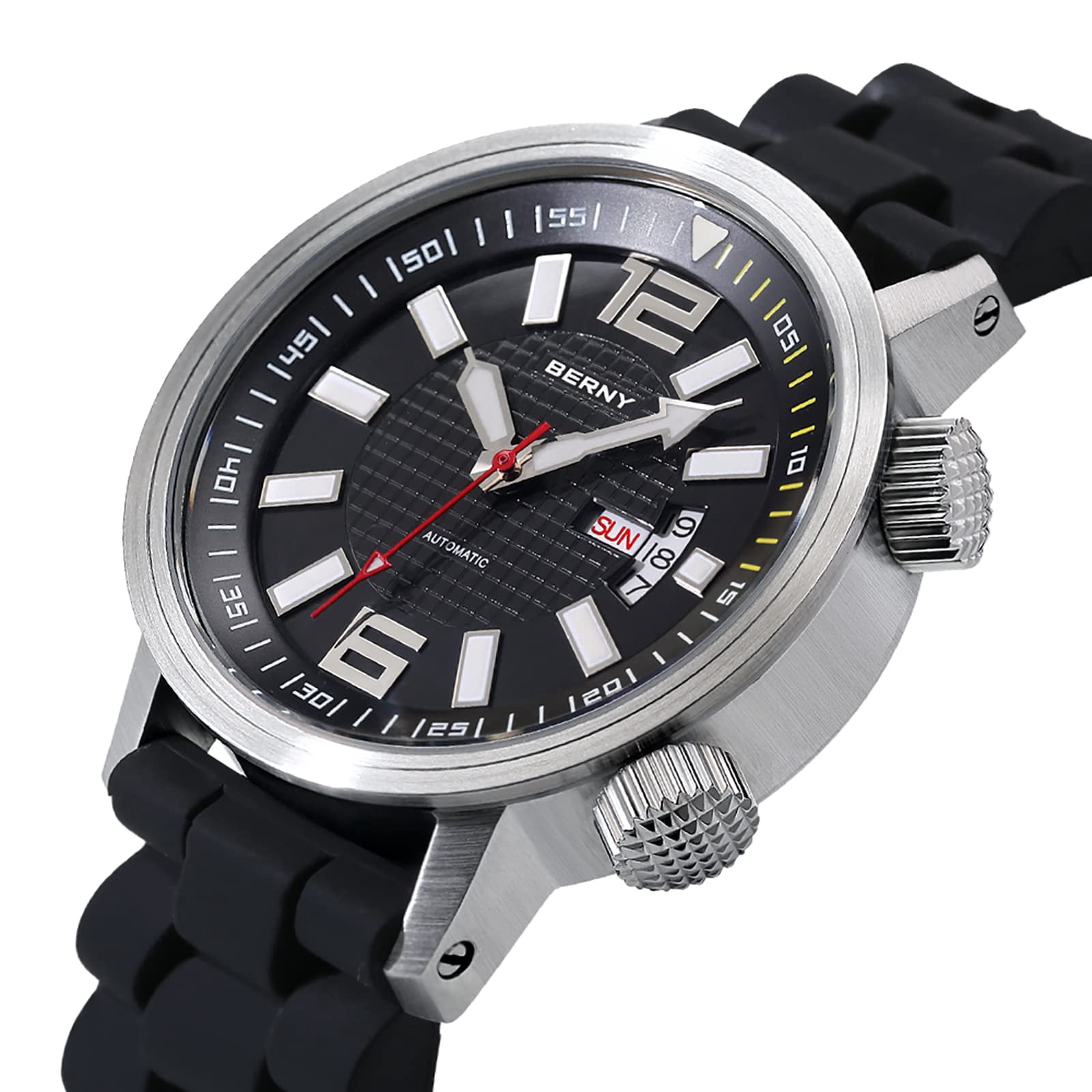 BERNY Automatic Dive Watches for Men, Sport 200M Waterproof Analog Mechanical Watch with Day & Date, Super Luminous, Silicone Strap, Stainless Steel, Sapphire Crystal, Men's Pro Diver Watch (Black)